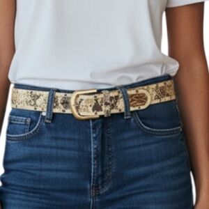 PUNTO FIBBIA Snakeskin Print Genuine Leather Wide Belt Rounded Gold Buckle L